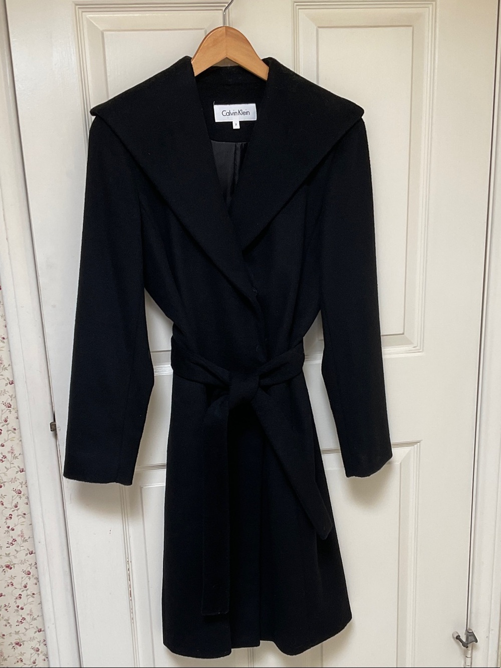 NWOT Size 2 Calvin Klein Black Wool Blend Belted Wrap Coat with Shawl Collar